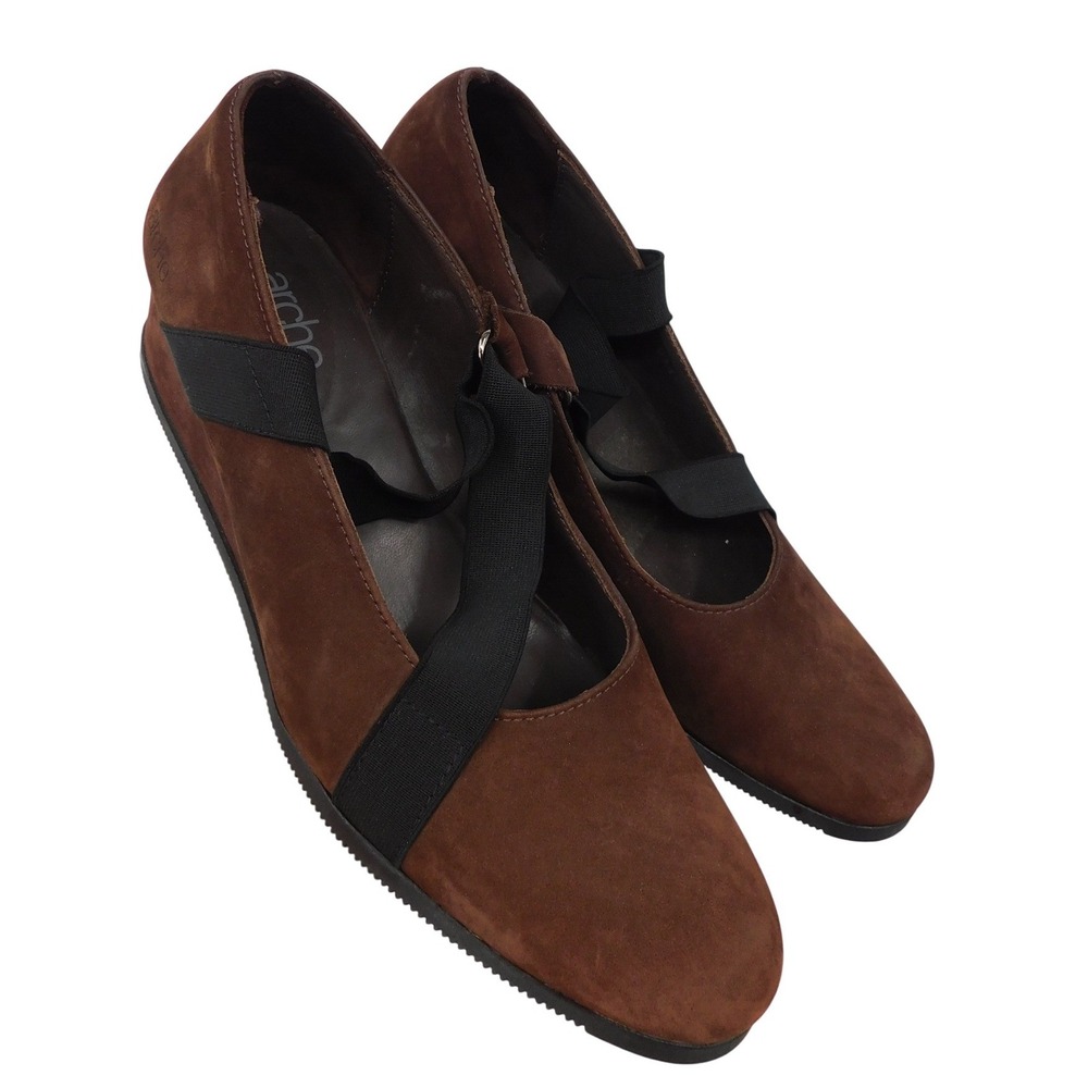 Arche Brown Nubuck Leather Wedge Pumps Black Elastic Straps‎ France Womens 37